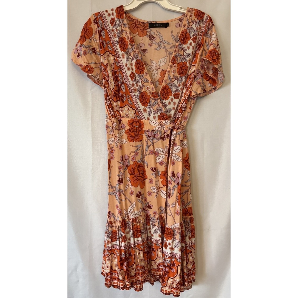 Zesica Floral Wrap Dress MIDI Length Pink Orange Flowers Flounce Sleeve L